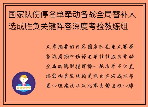 国家队伤停名单牵动备战全局替补人选成胜负关键阵容深度考验教练组 国家队伤停名单牵动备战全局替补人选成胜负关键阵容深度考验教练组