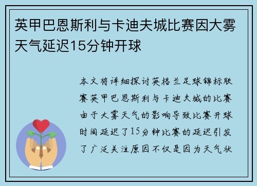 英甲巴恩斯利与卡迪夫城比赛因大雾天气延迟15分钟开球